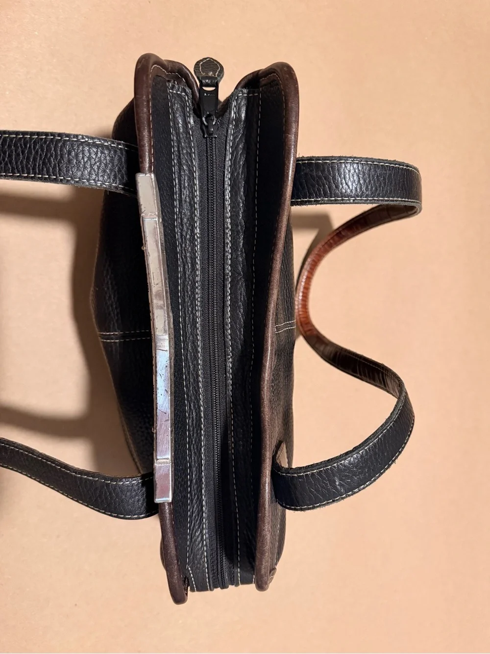 Brighton Black Pebbled Leather Shoulder Bag with Brown Croc-Embossed Trim